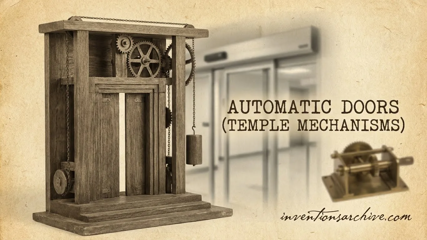 A temple mechanism automates doors with visible gears and motor components.
