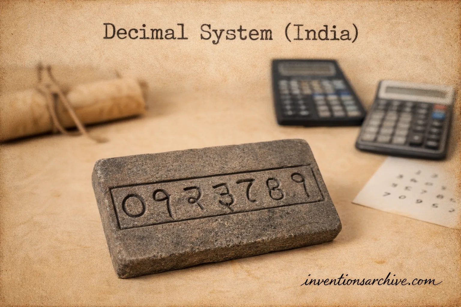 A stone block with the number 0923789 carved into it, illustrating the decimal system in India.