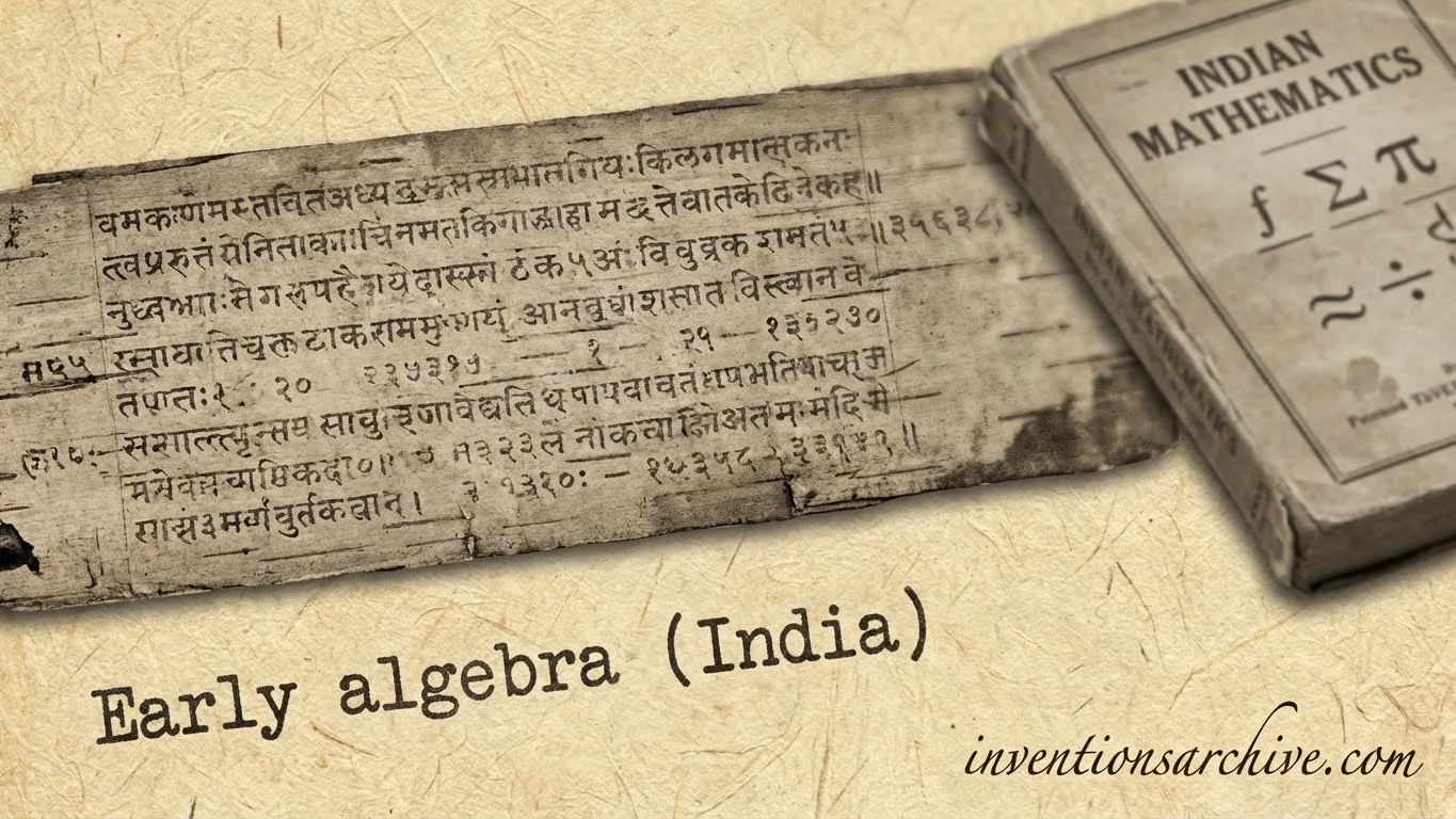 Ancient Indian manuscript illustrating early algebra concepts with numerical and symbolic notation.
