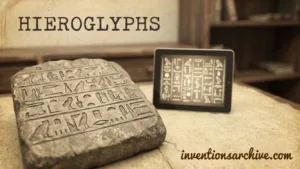 A stone block with ancient hieroglyphs and a tablet displaying hieroglyphic symbols, illustrating hi…
