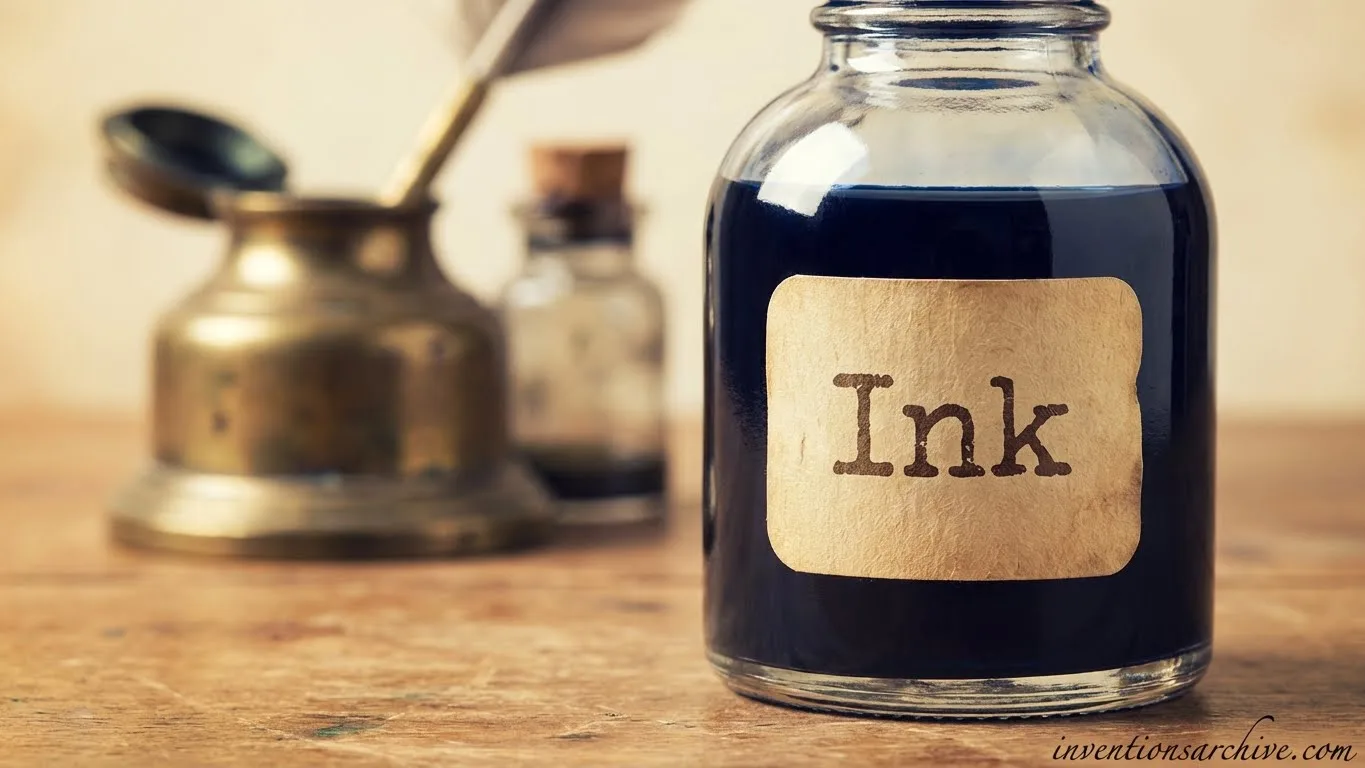 A jar labeled 'Ink' filled with black ink, with ink bottles and a wooden surface in the background.