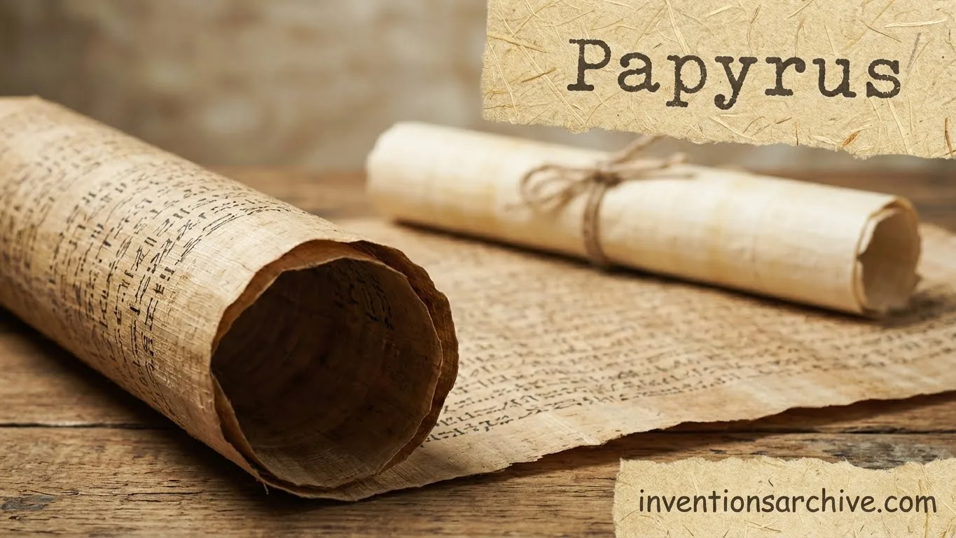 Papyrus scrolls and sheet with ancient writing on a weathered surface.