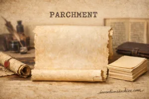 A close-up of an ancient parchment scroll with handwritten text.