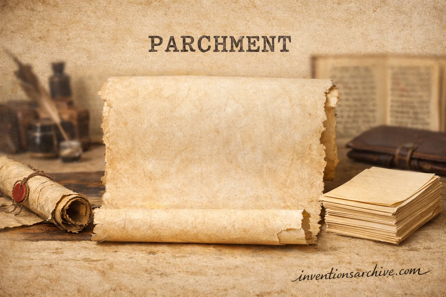 A close-up of an ancient parchment scroll with handwritten text.