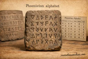 A stone tablet showing the ancient Phoenician alphabet with various symbols engraved.
