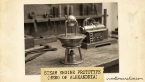 A steam engine prototype inspired by Hero of Alexandria, with a heated vessel and connecting pipes.