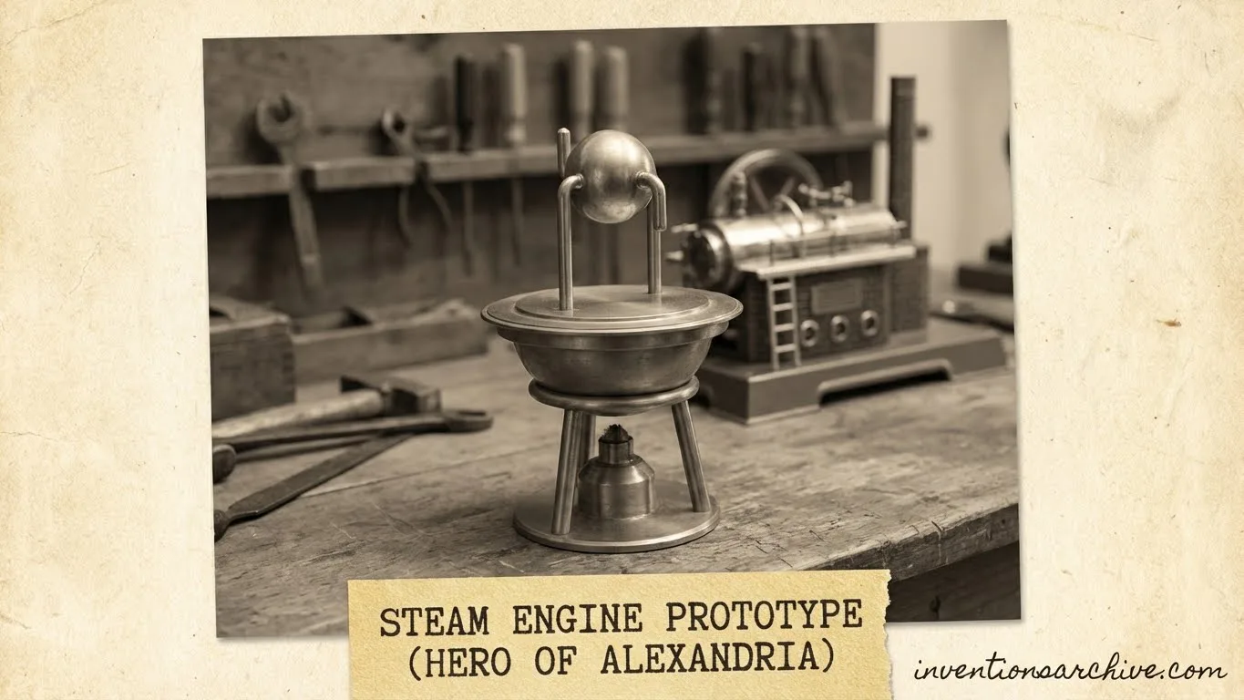 A steam engine prototype inspired by Hero of Alexandria, with a heated vessel and connecting pipes.