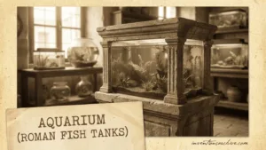 Roman fish tank aquarium with glass panels and fish inside, placed on a wooden surface.