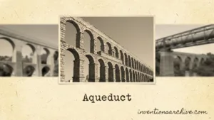 Ancient aqueduct with tall arches transporting water across a landscape.