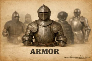 A knight in full armor holding a sword in front of a group of soldiers.