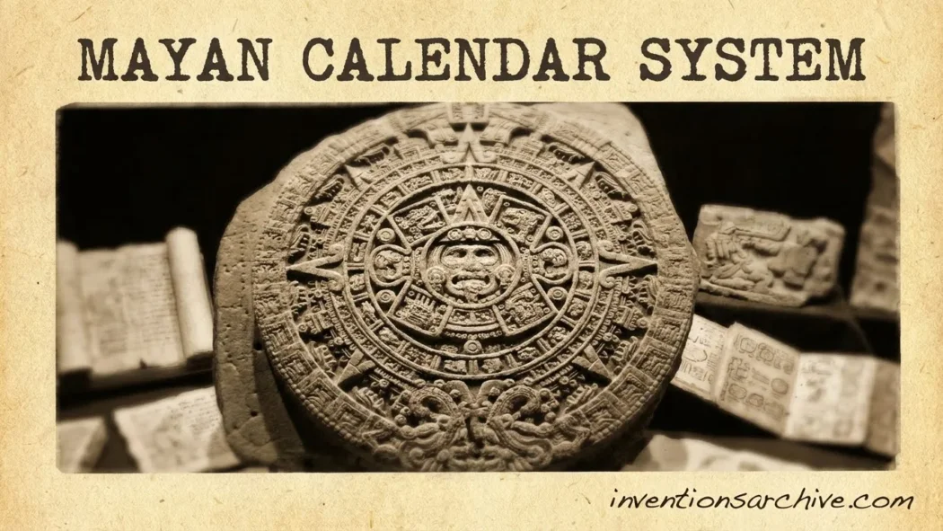 Mayan calendar system depicted on an ancient carved stone with intricate symbols and glyphs.