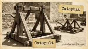 A wooden catapult with a sling and a support arm ready to launch, showcasing the invention.