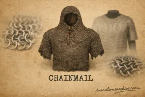 Chainmail armor made of interlocked metal rings, shown on a mannequin.
