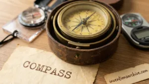 A vintage compass with a yellow face and black markings on a wooden surface.