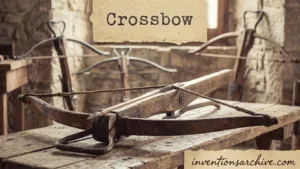 A wooden crossbow with a bowstring and metal bolt ready for use, showcasing the invention.