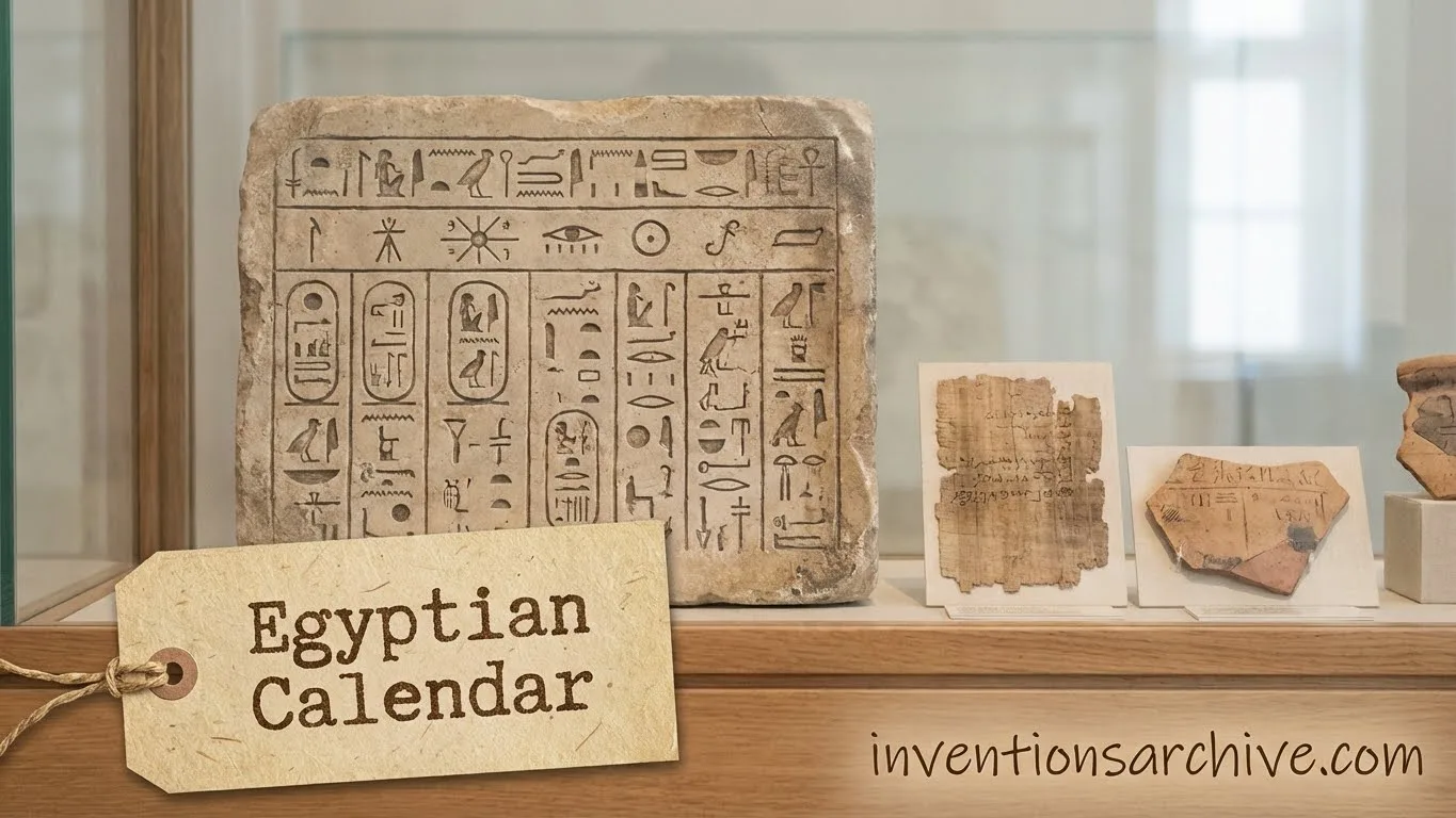 Egyptian calendar inscribed on ancient papyrus with hieroglyphs and date symbols.