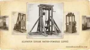 Ancient Greek water-powered lift with wooden framework and pulley system.