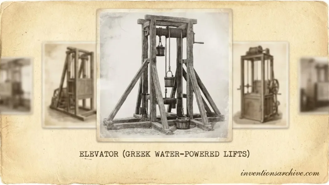 Ancient Greek water-powered lift with wooden framework and pulley system.