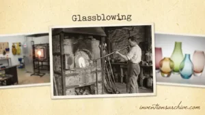 A glassblower shaping molten glass with a blowpipe in a vintage workshop.