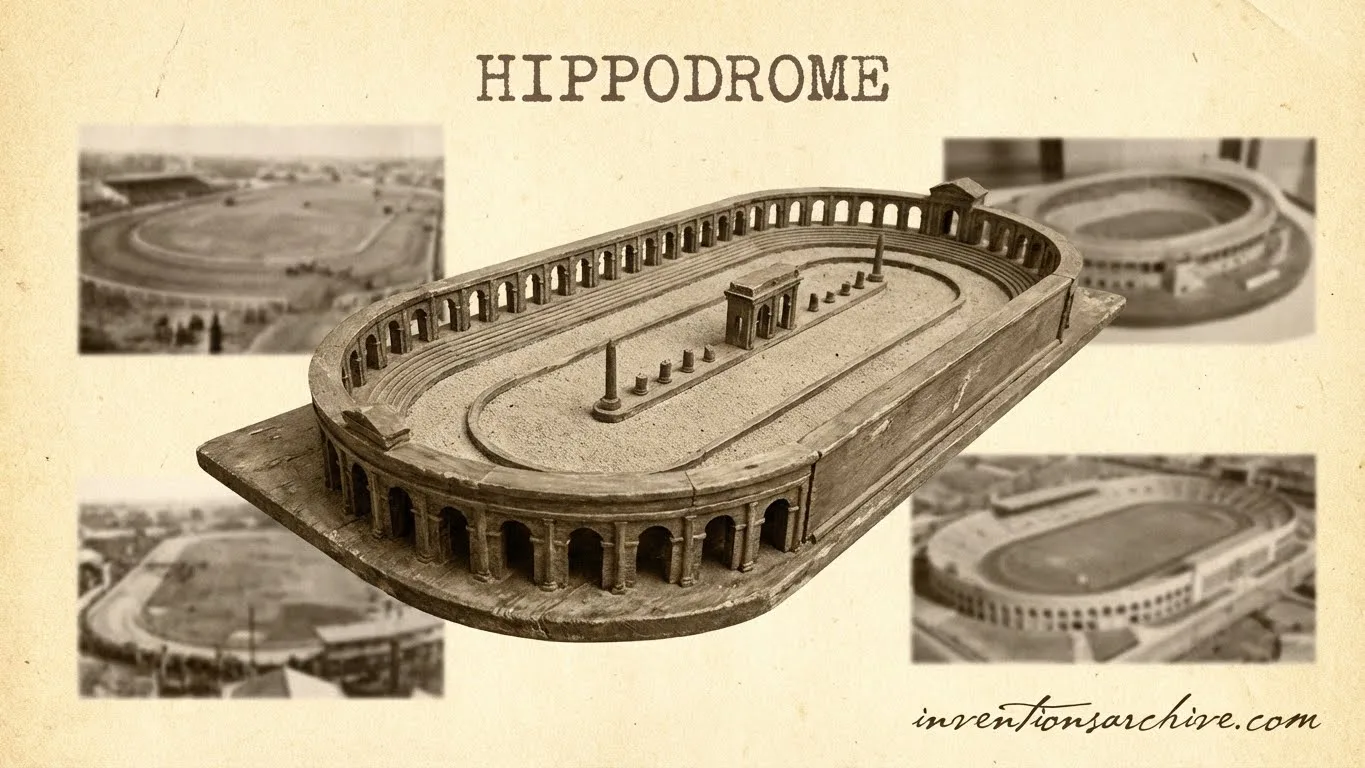 A detailed illustration of an ancient hippodrome with a central racetrack and seating areas.