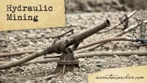 A hydraulic mining icat showing a high-pressure water jet mounted on a metal structure.