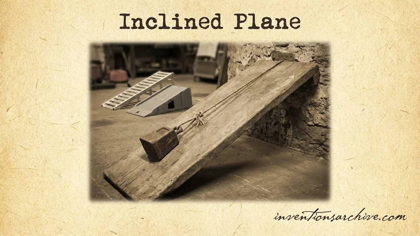 A wooden inclined plane used to move objects to higher levels.
