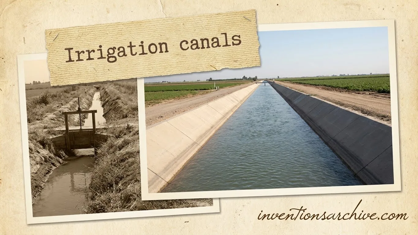 Irrigation canal with water flowing between concrete banks in a field.
