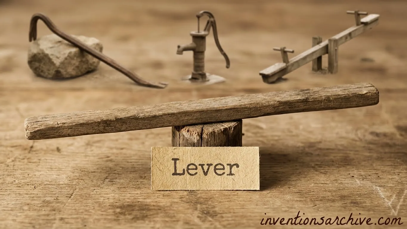 A lever made of wood on a wooden surface with a small sign labeled 'Lever'.