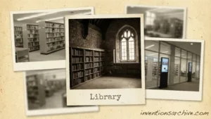 A library interior with wooden shelves filled with books and a stained glass window.