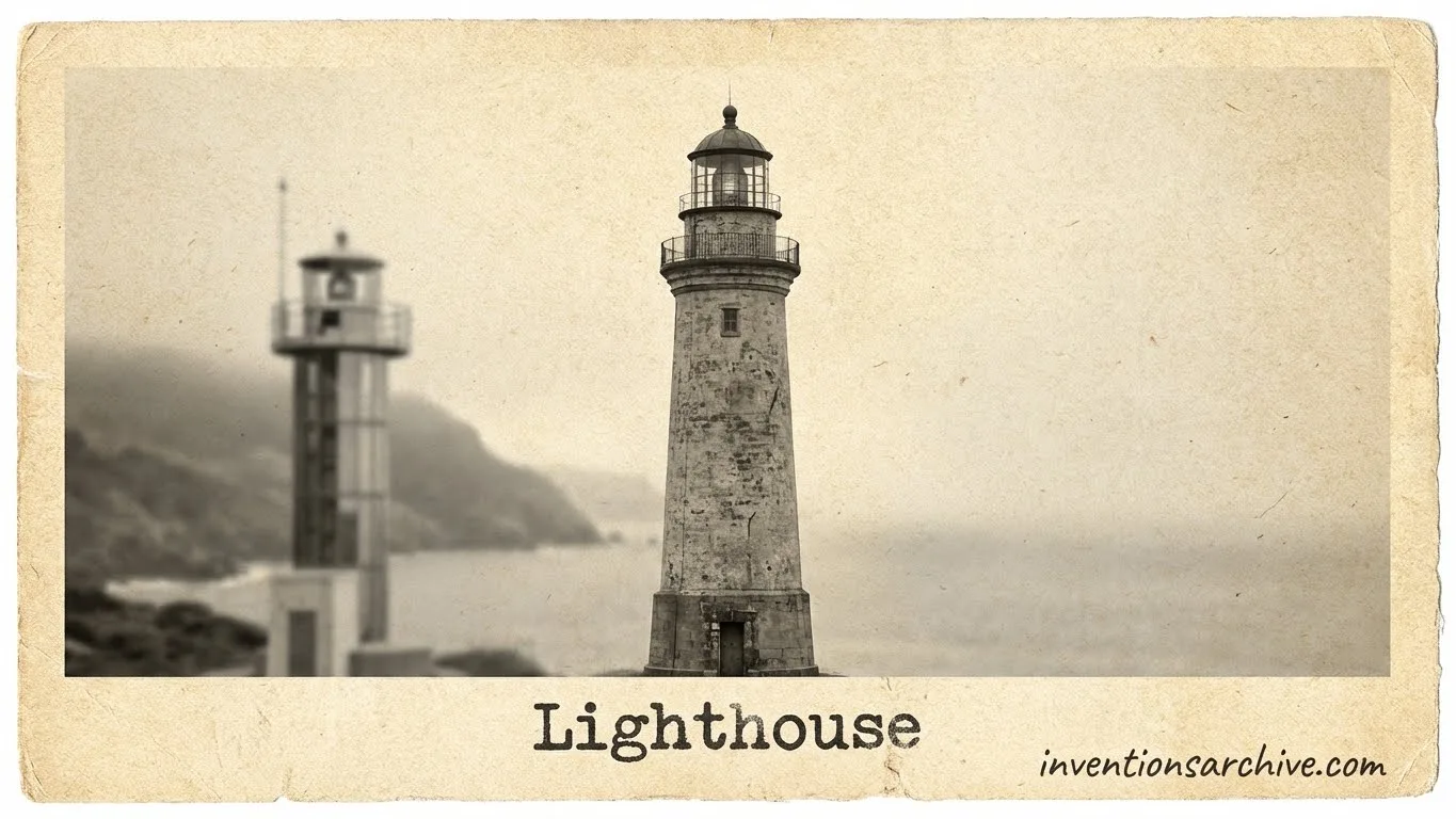 A tall lighthouse with a black and white striped pattern standing on a rocky shore.