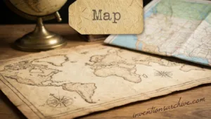 A map with a small label that says 'Map' and a vintage, detailed world map underneath.