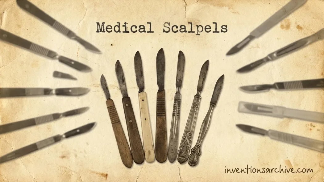 A row of sharpened metal medical scalpels with wooden handles on a wooden surface.
