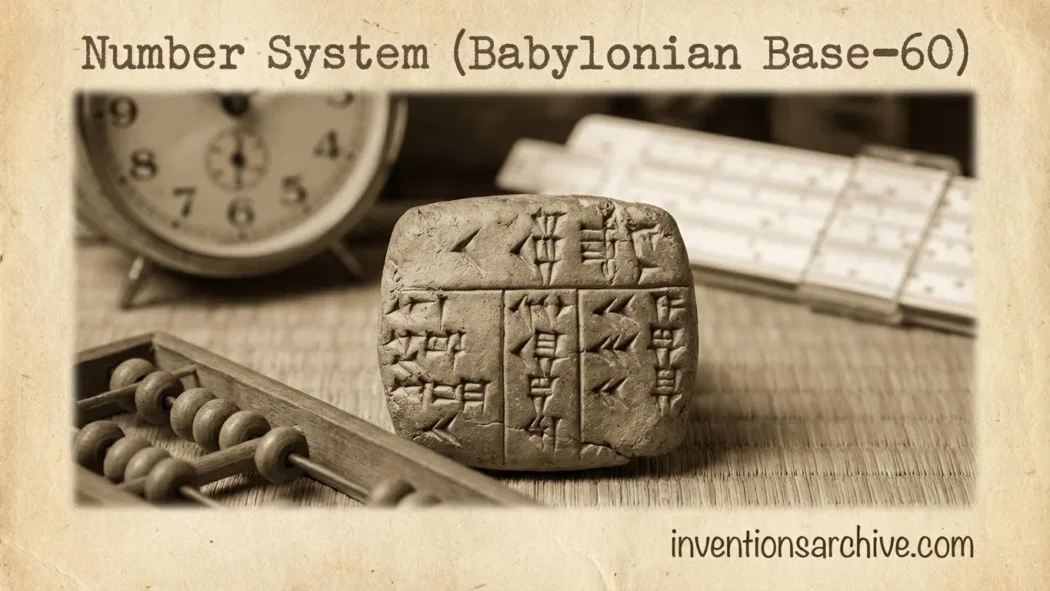 Babylonian base-60 number system engraved on a clay tablet with cuneiform symbols.