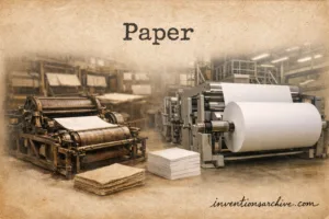 A paper factory producing large rolls of paper from stacks of raw materials.