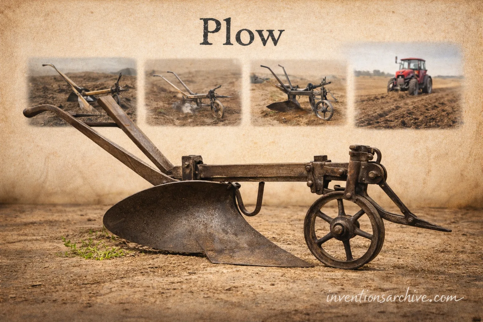 A vintage plow with metal blades and wooden handles used for farming.