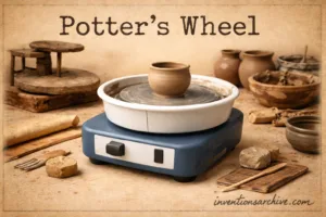 A potter's wheel spins with clay and pottery tools in the background, showcasing the invention.