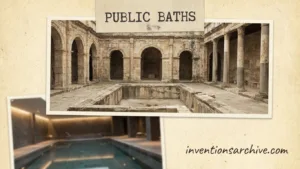 Public baths with stone arches and a modern tiled pool, showcasing an invention for communal bathing…