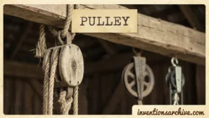 A pulley system with a rope looped over a wheel and a sign reading 'Pulley' at the top.
