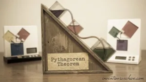 A wooden block with a right triangle diagram illustrating the Pythagorean theorem and labeled sides.