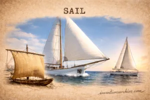 A sailboat with white sails gliding across the water under a cloudy sky, demonstrating the sail.