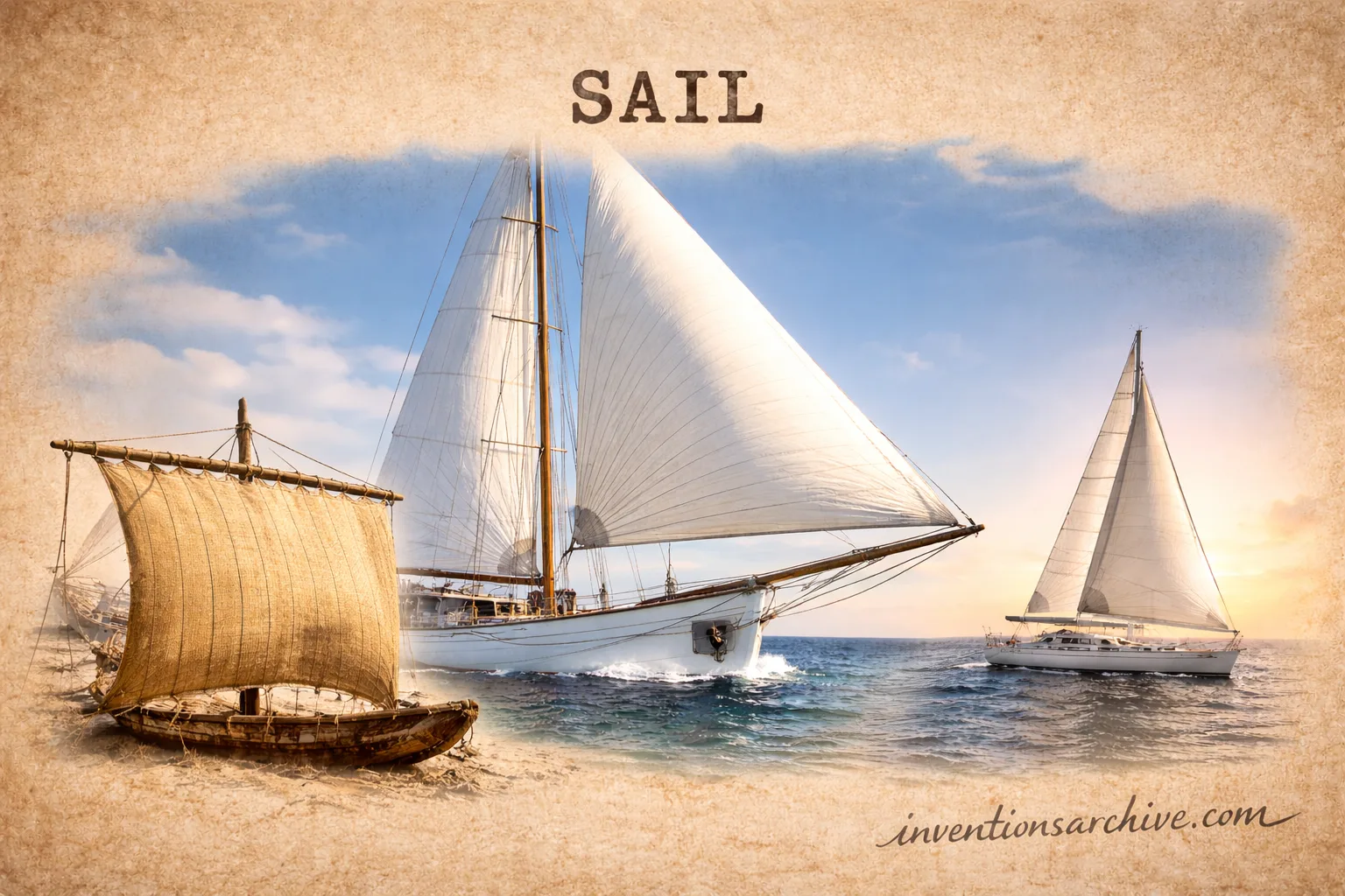 A sailboat with white sails gliding across the water under a cloudy sky, demonstrating the sail.