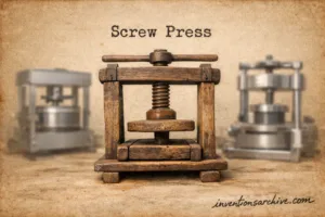 A screw press made of wood and metal, showcasing the main screw and pressing plates.