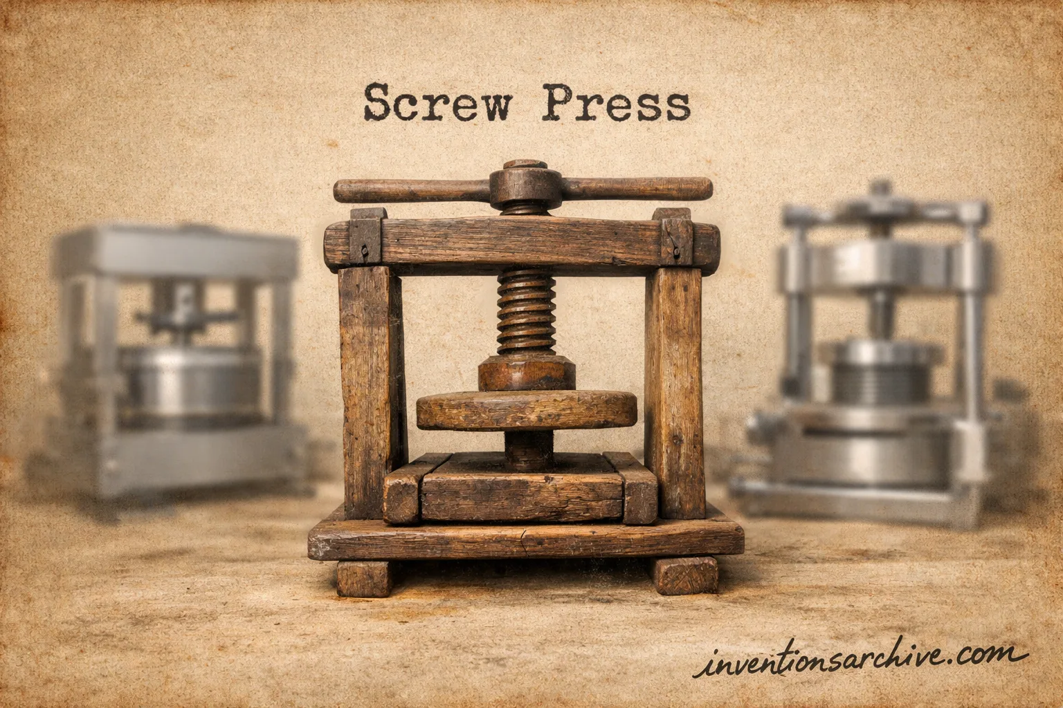 A screw press made of wood and metal, showcasing the main screw and pressing plates.