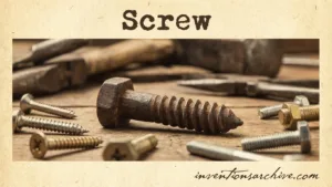 A screw with a helical thread and a flat head on a wooden surface.