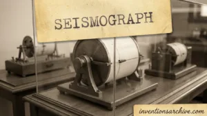 A seismograph machine with a rotating drum and a pen recording seismic waves.
