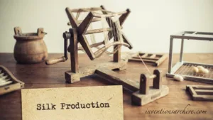 Silk production involves a silkworm spinning silk threads onto a frame.