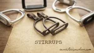 A close-up of metal stirrups used in horse riding, lying on a wooden surface.