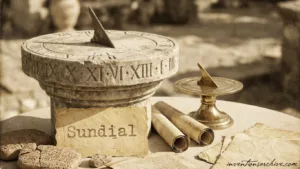 A sundial made of stone with Roman numerals, a gnomon casting a shadow on it.