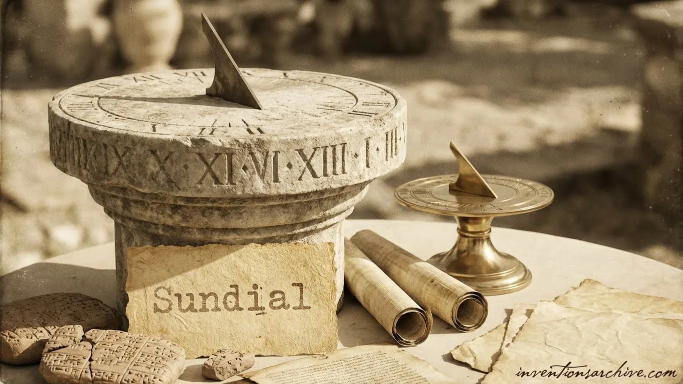 A sundial made of stone with Roman numerals, a gnomon casting a shadow on it.