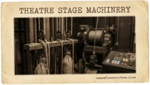 Theatre stage machinery with pulleys, ropes, and a control panel for stage movement.